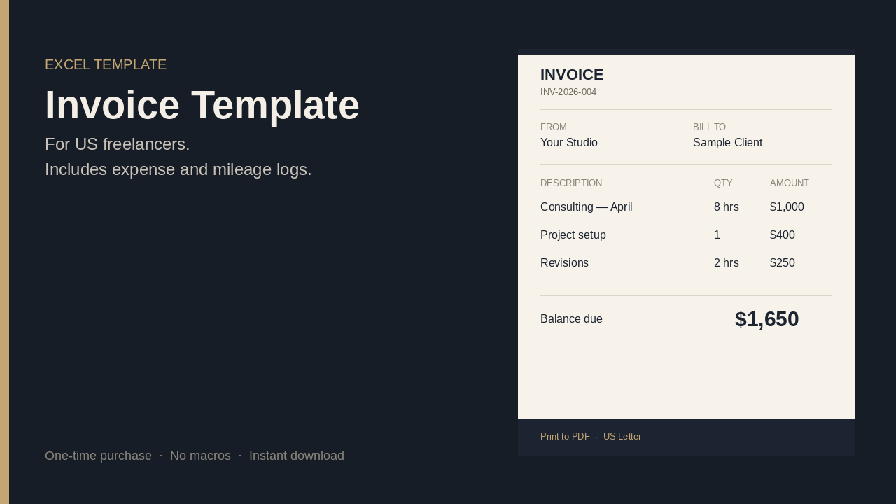 Cover for the freelance Excel invoice template with expense and mileage logs